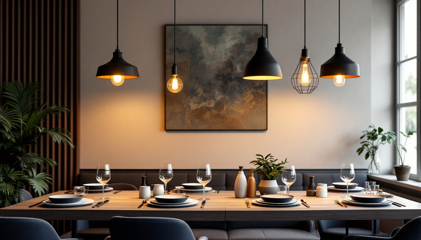 A photograph of a stylishly arranged dining area featuring elegant pendant lights in various designs