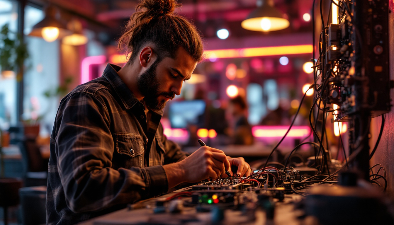 A photograph of a focused electrical engineer working on intricate wiring at a well-lit salon
