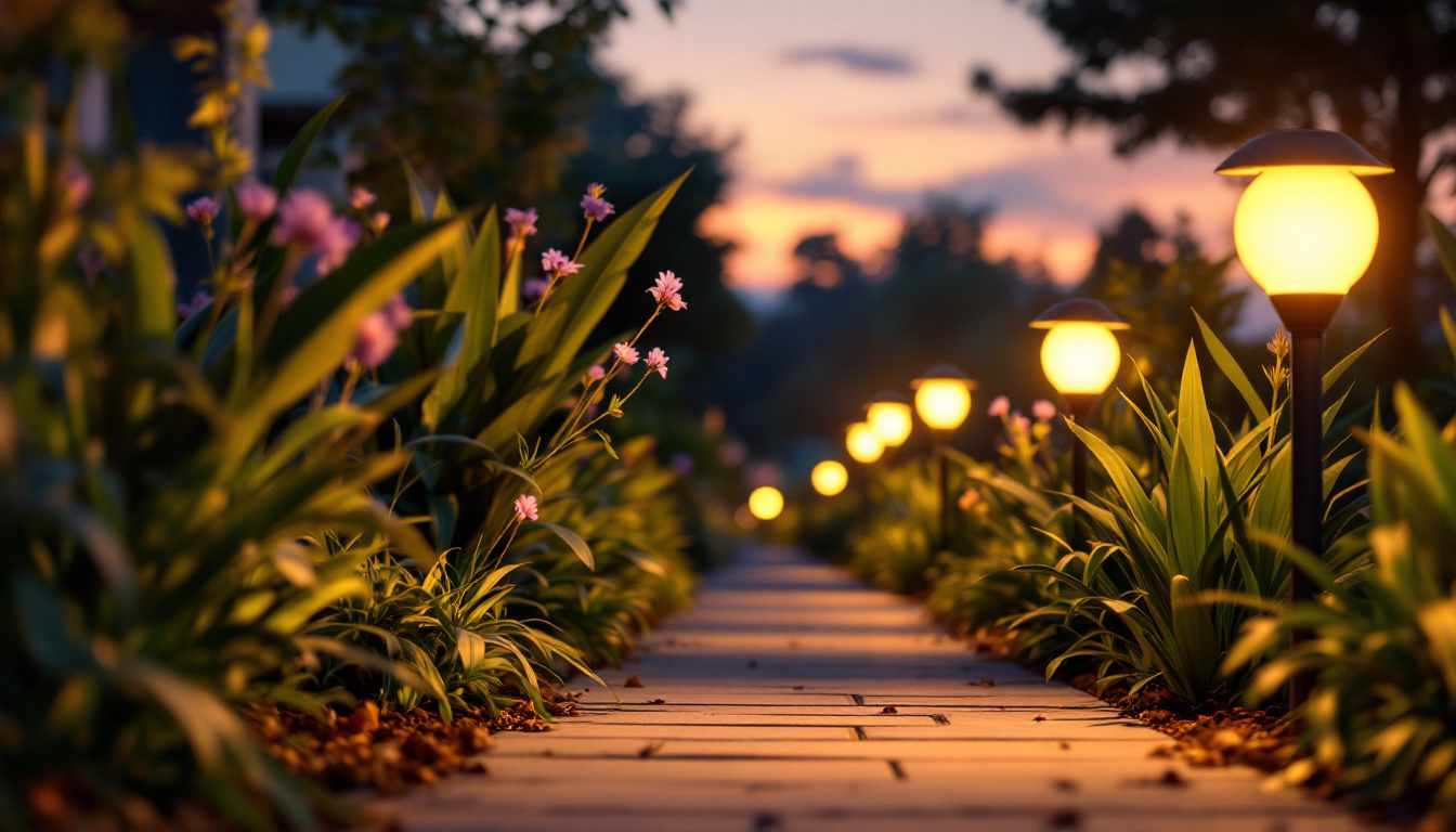 A photograph of a beautifully lit outdoor scene featuring solar light bulbs in use at dusk