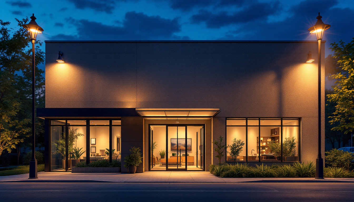 A photograph of a well-lit exterior commercial building at dusk