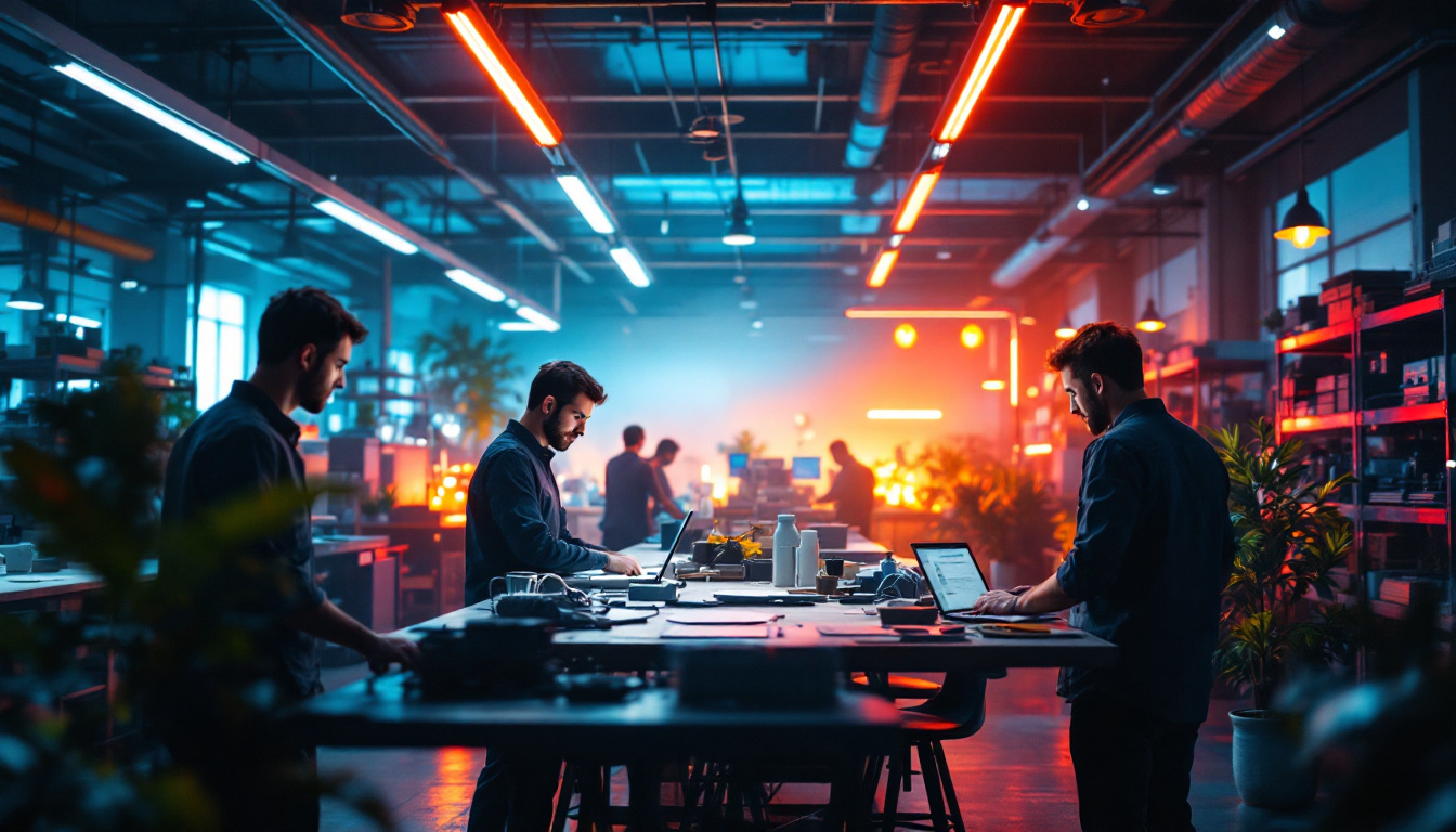 A photograph of a modern industrial workspace illuminated by vibrant led lights