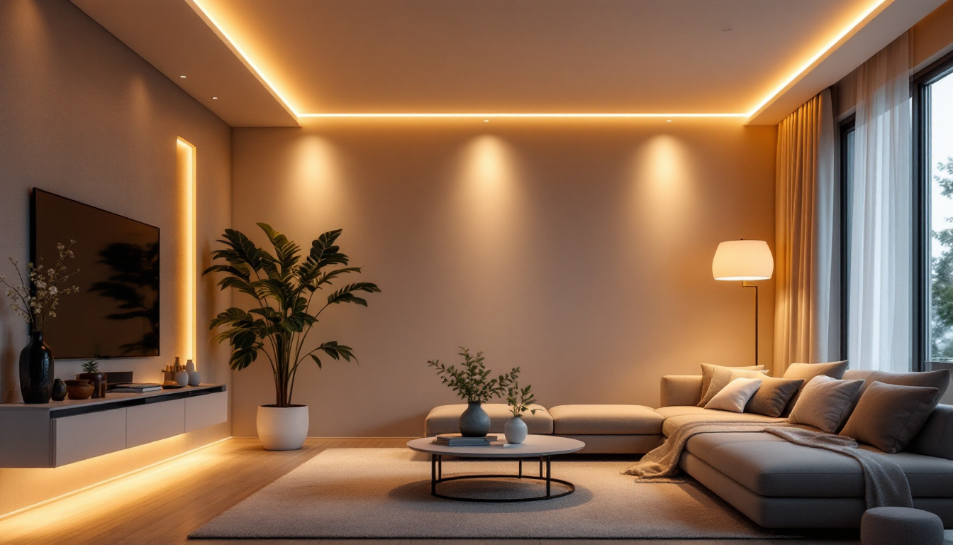 A photograph of a modern living space showcasing stylish led recessed lights illuminating the room