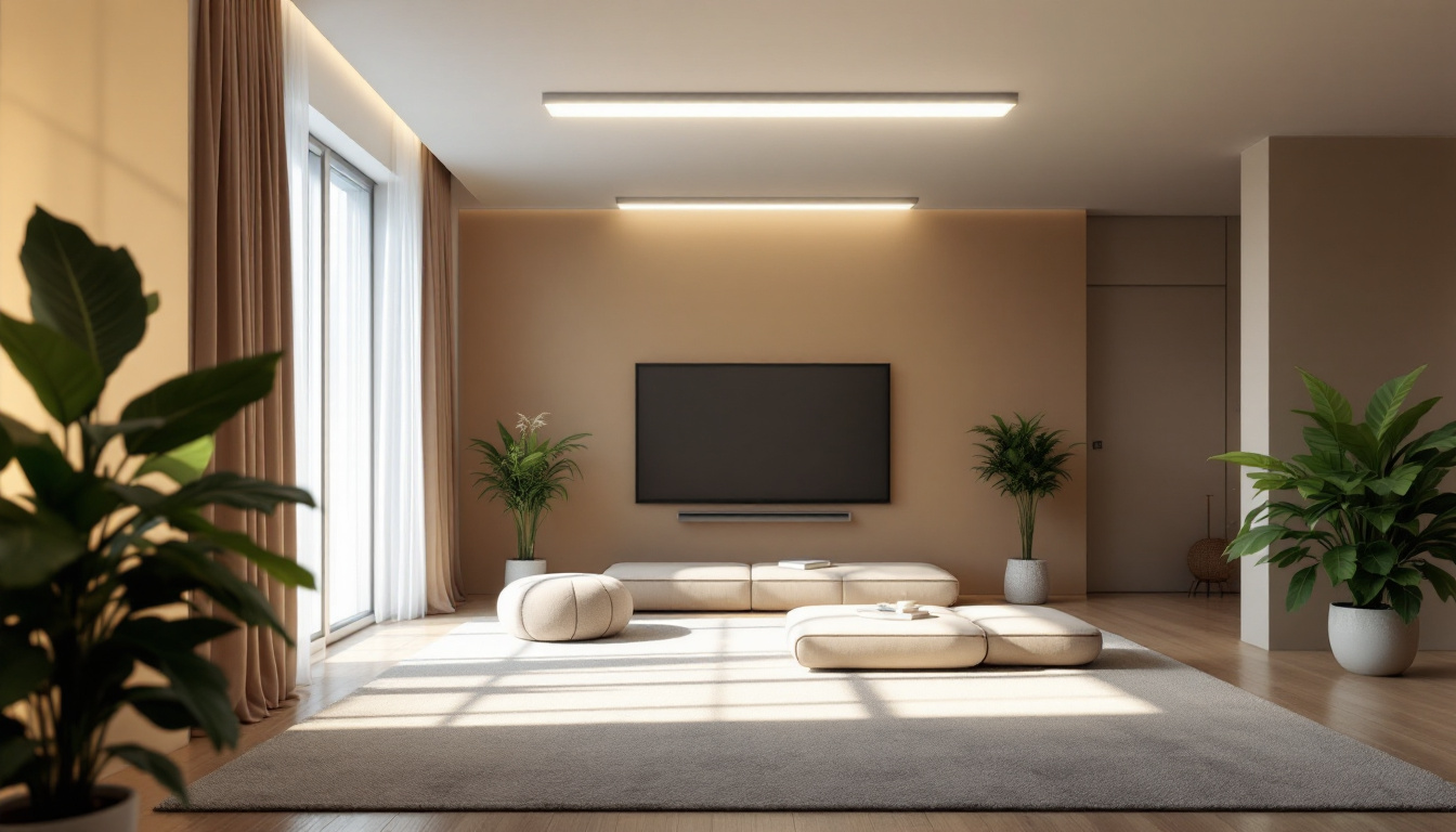 A photograph of a well-lit room featuring sleek 8 ft light fixtures