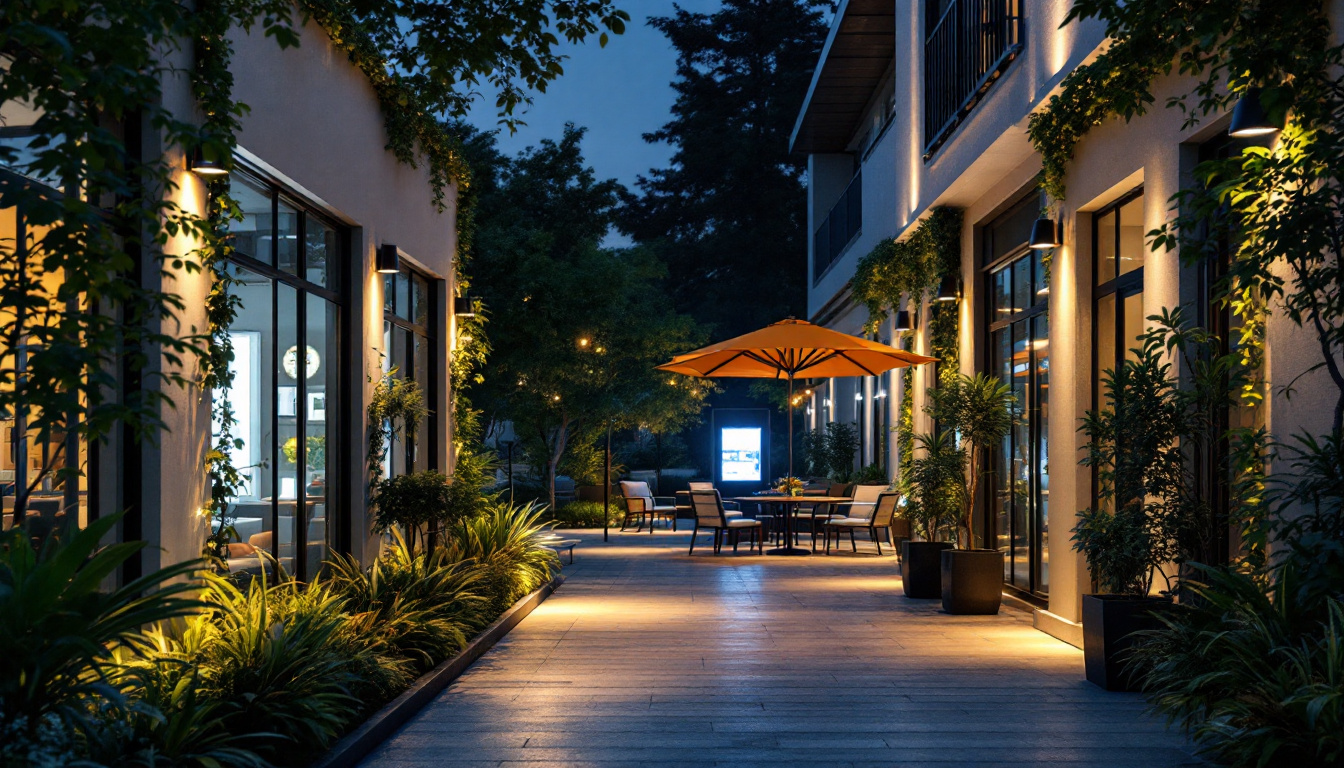 A photograph of a well-lit outdoor commercial space showcasing various led lighting fixtures in use