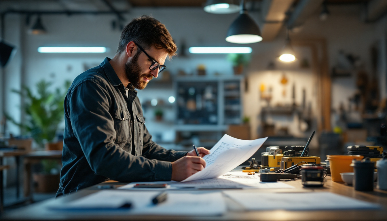 A photograph of a well-lit workspace featuring an electrical engineer reviewing blueprints and calculations for 2x4 light fixtures