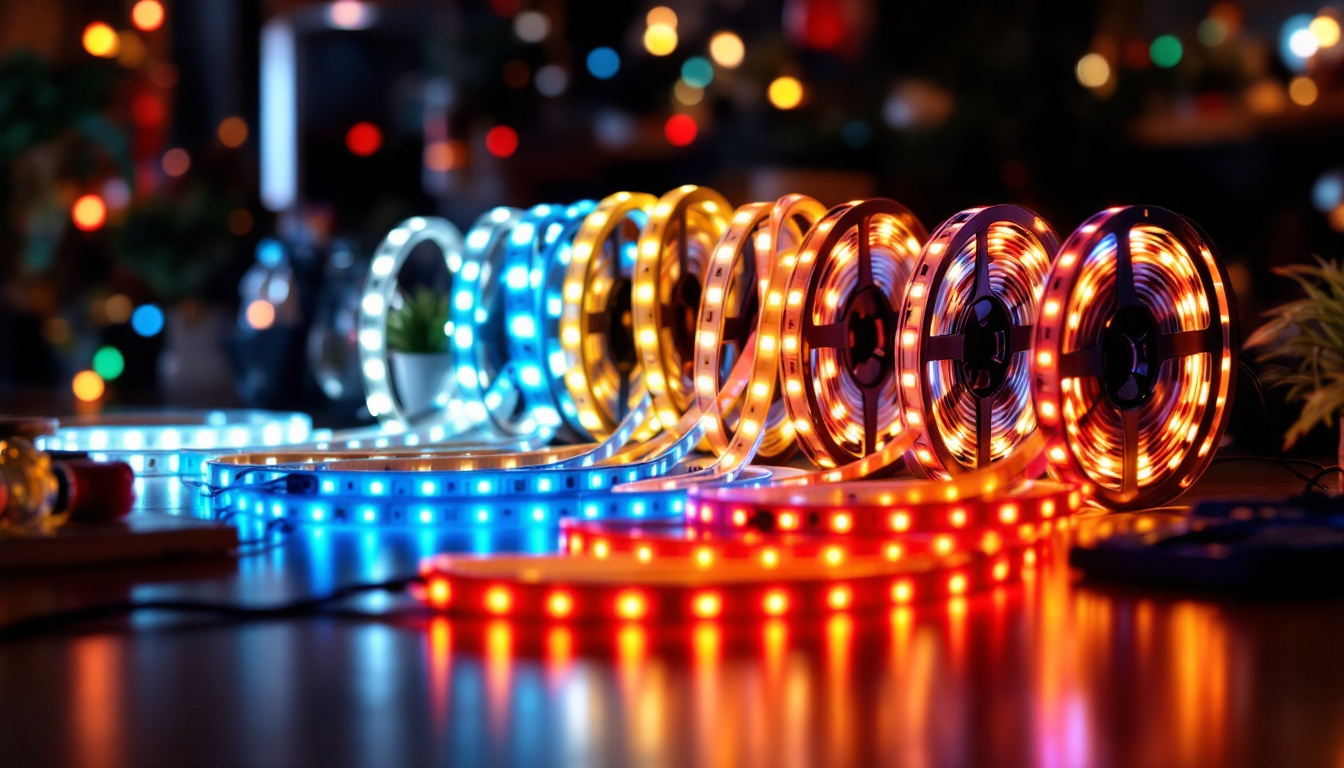 A photograph of a vibrant display of various led strip lights in a well-lit setting