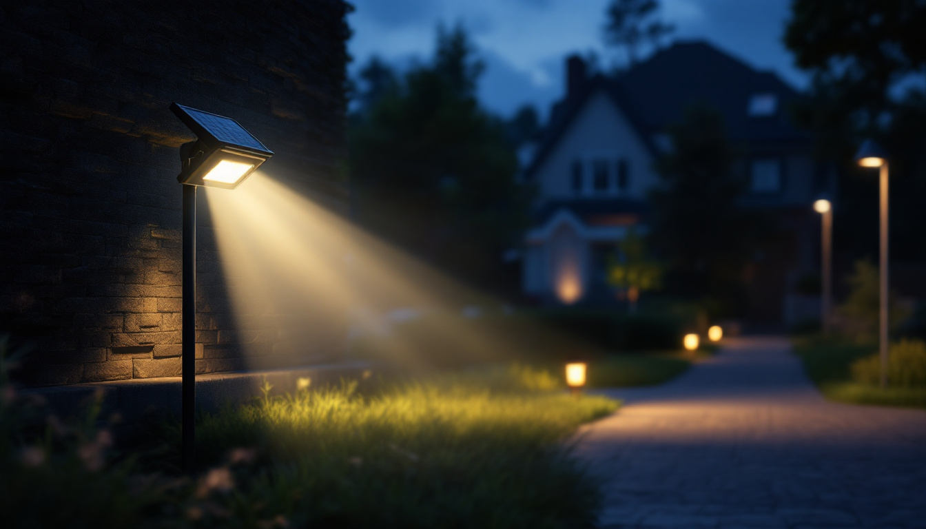 A photograph of a solar floodlight illuminating a well-lit outdoor space