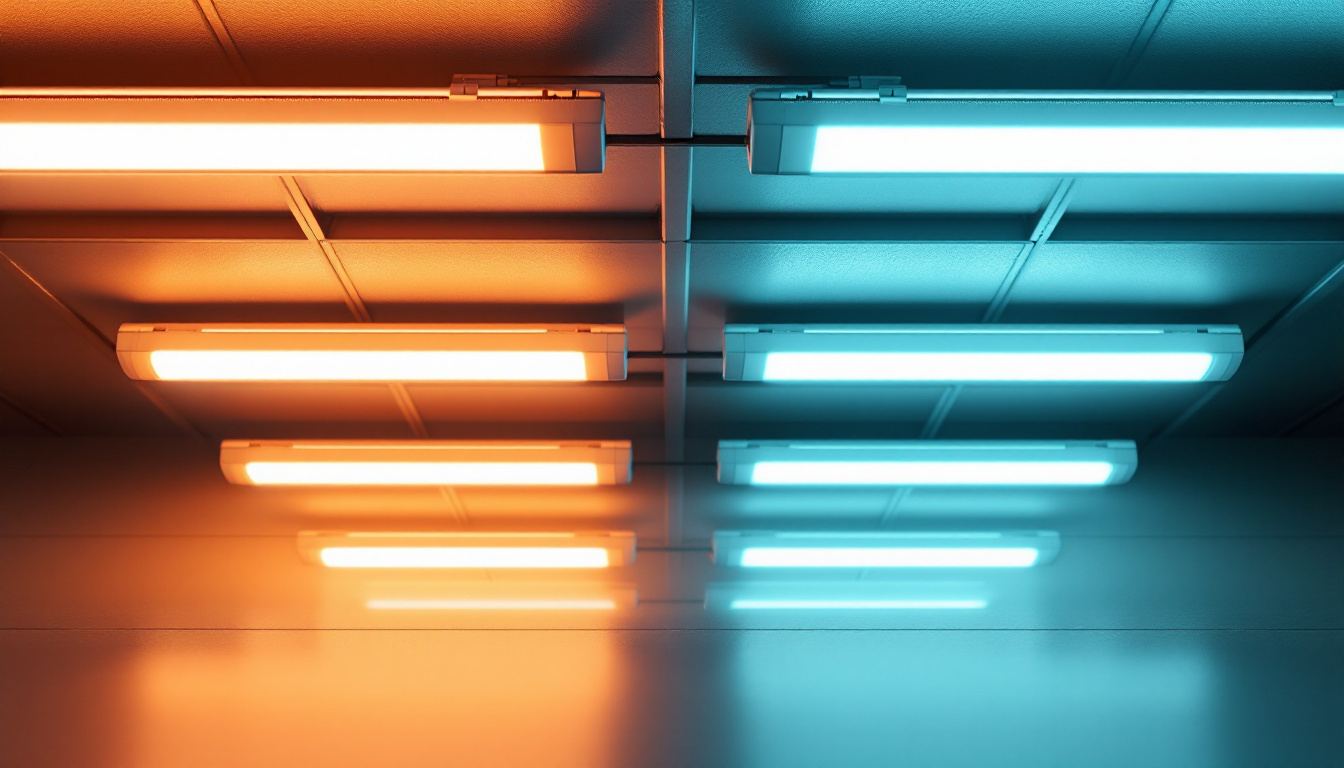 A photograph of a well-lit interior space showcasing both traditional fluorescent tubes and their led replacements
