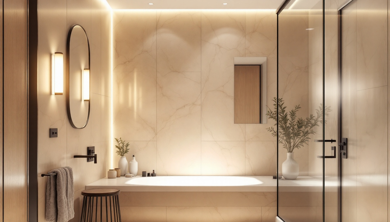 A photograph of a beautifully designed bathroom featuring modern recessed lighting