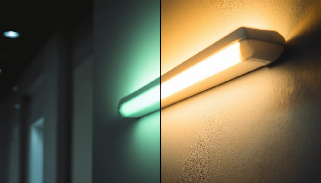 A photograph of a side-by-side comparison of a fluorescent tube light and an led tube light installed in a well-lit space
