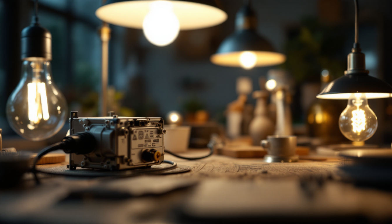 A photograph of a close-up shot of a lamp ballast alongside various lighting fixtures