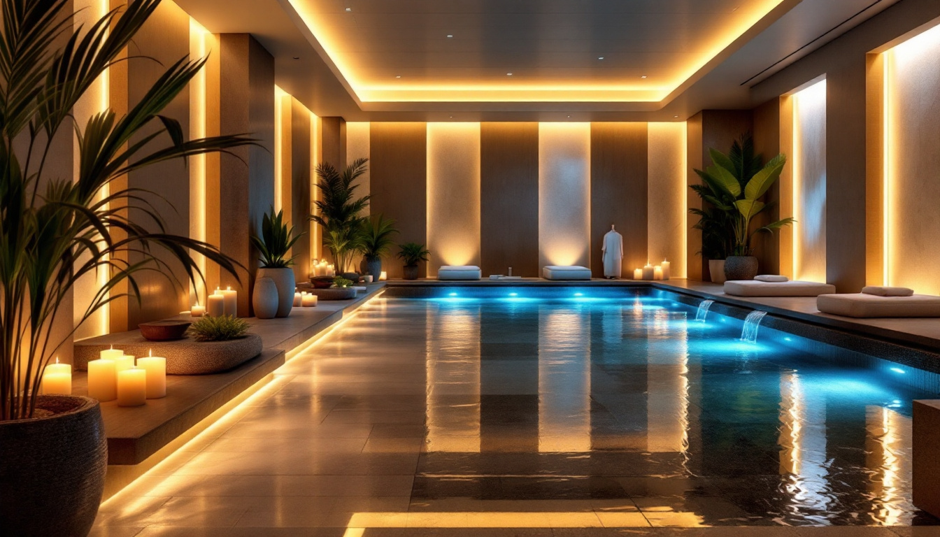 A photograph of a well-lit spa environment featuring led light installations