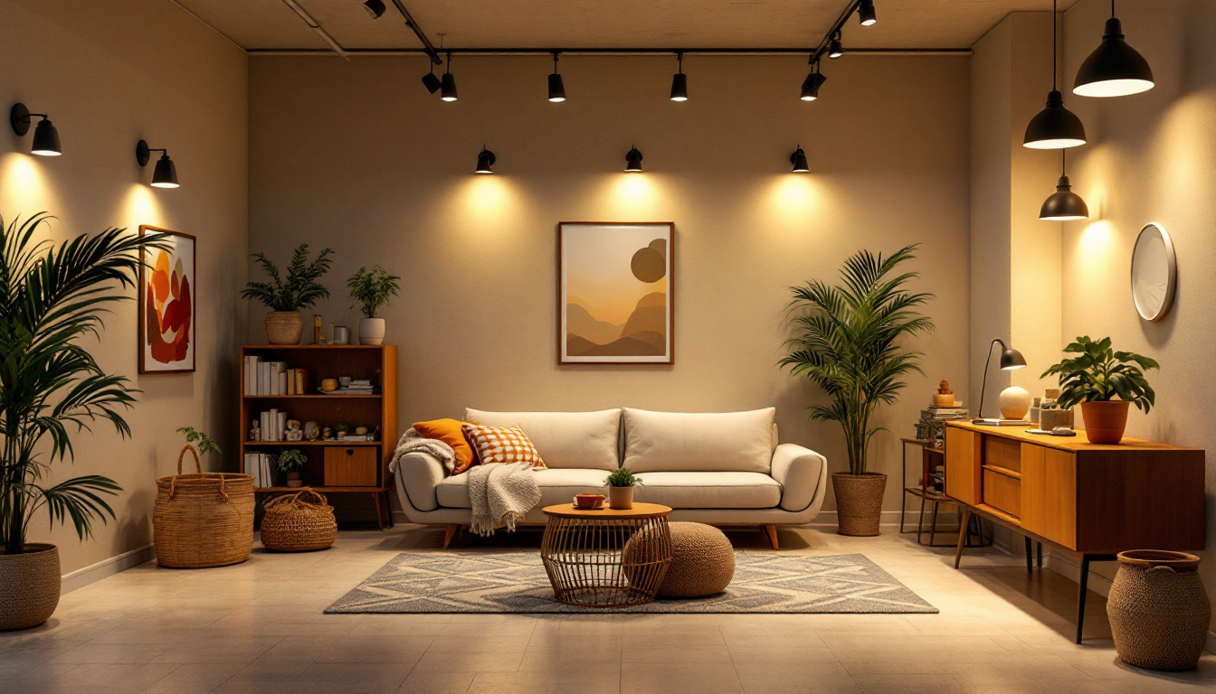 A photograph of a well-lit basement space showcasing a variety of energy-efficient lighting fixtures