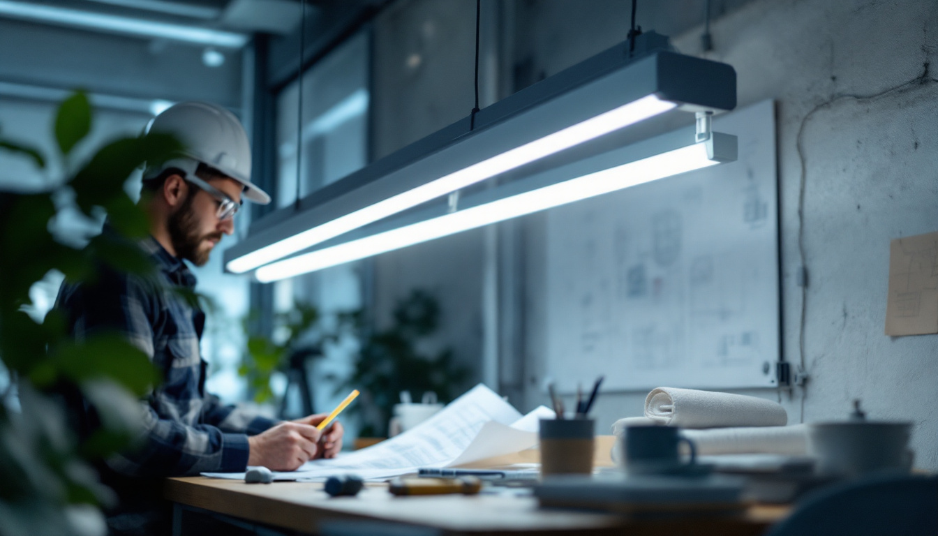 A photograph of a well-lit workspace featuring a 4-foot fluorescent light fixture