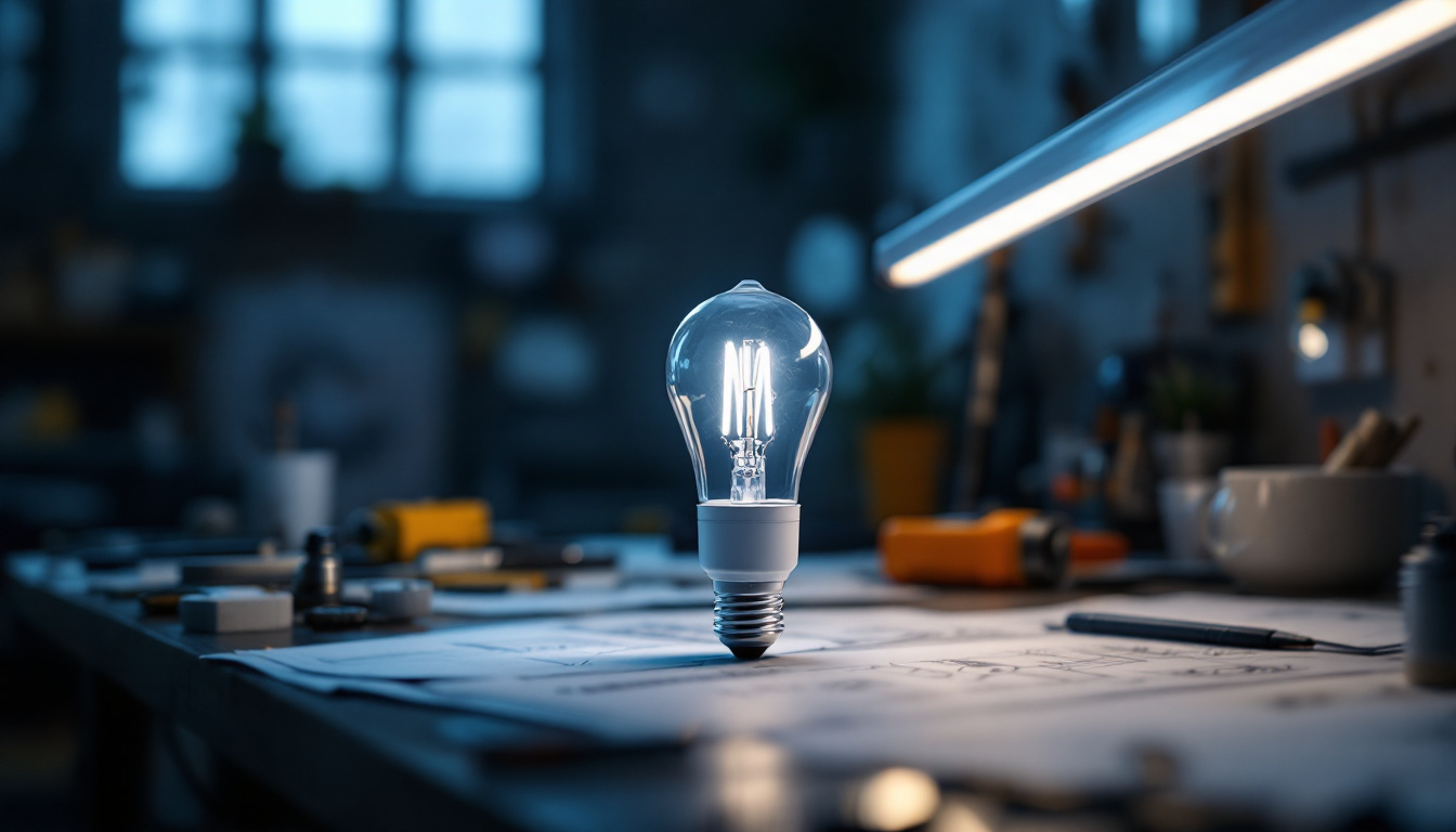 A photograph of a t5 fluorescent bulb in a well-lit engineering workspace