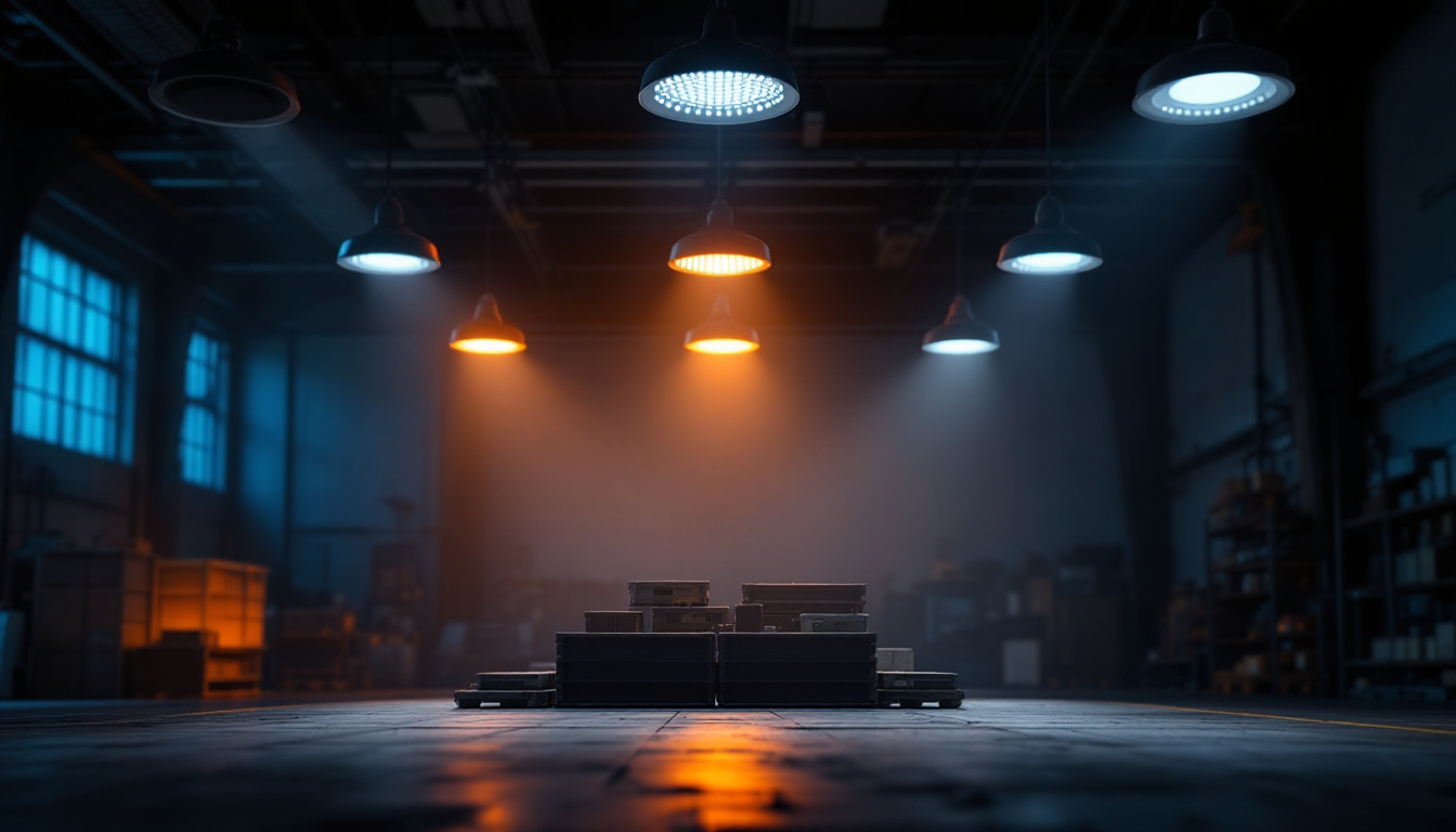 A photograph of a well-lit industrial workspace featuring 8-foot led lighting fixtures