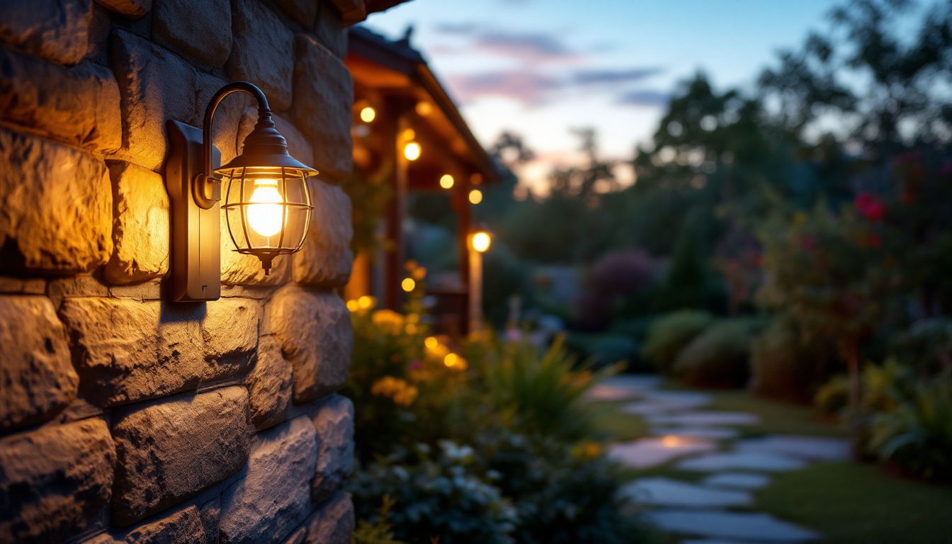 A photograph of a beautifully illuminated outdoor outlet light installed in a picturesque garden setting during twilight