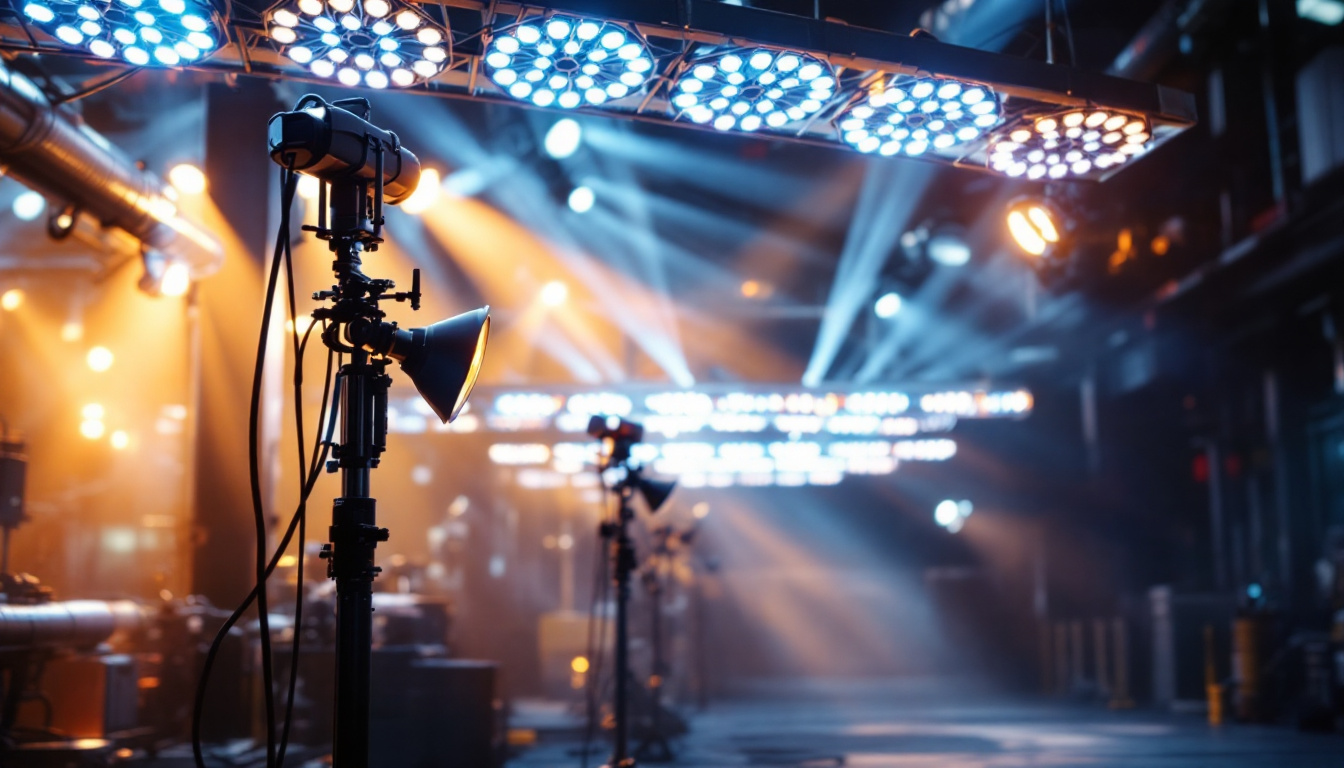 A photograph of a large-scale lighting installation in an outdoor or industrial setting