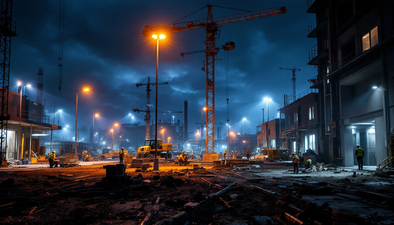 A photograph of a dynamic construction site illuminated by temporary led lighting