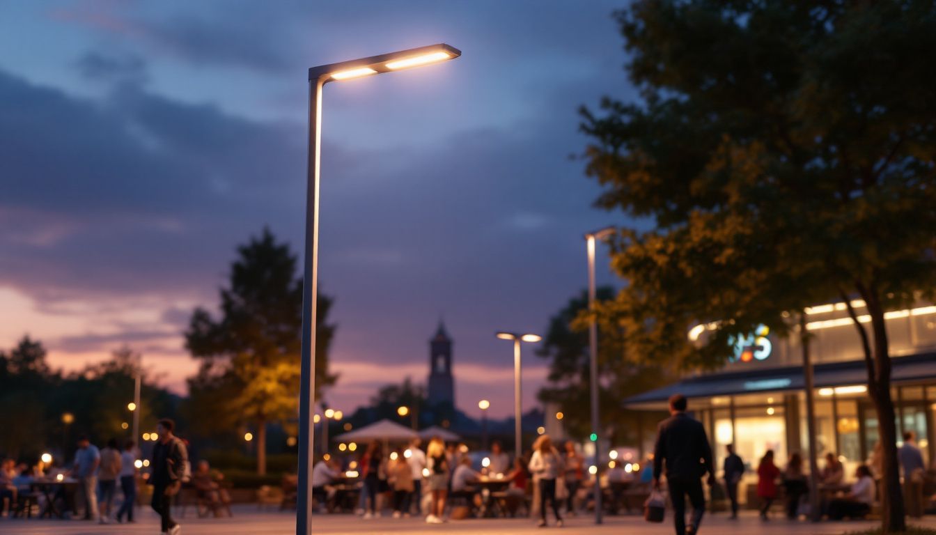 A photograph of a modern outdoor led light pole illuminating a public space at dusk