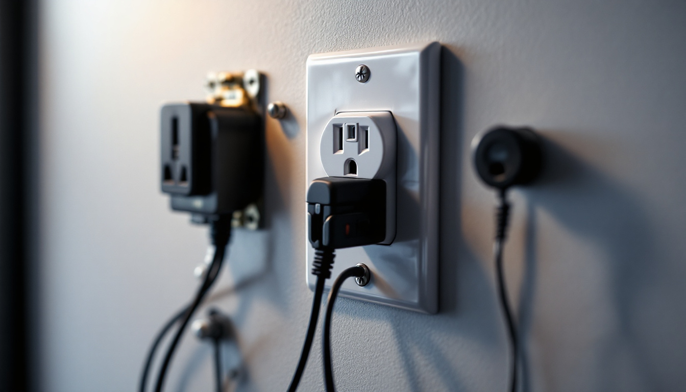A photograph of a close-up shot of various electrical outlets and switches in a modern home setting