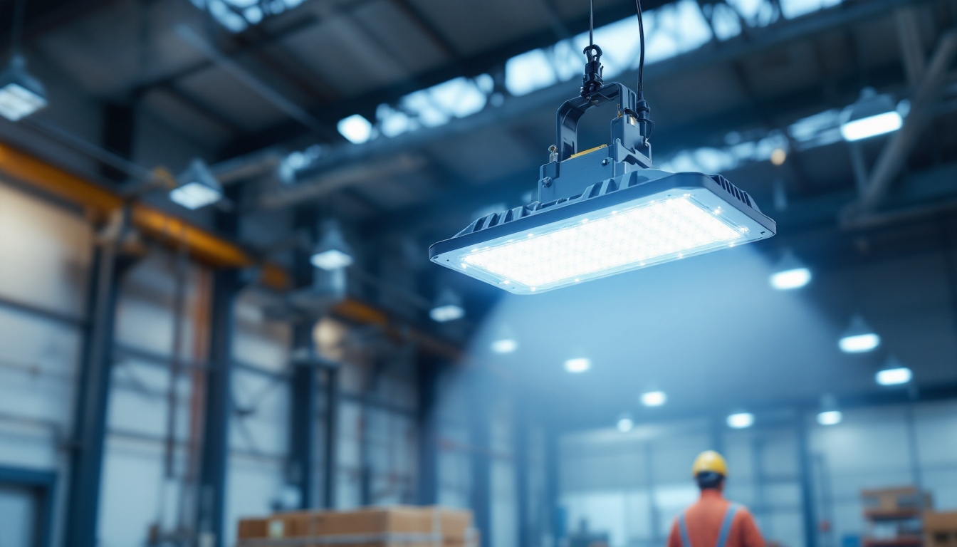A photograph of a highbay light installation in an industrial setting
