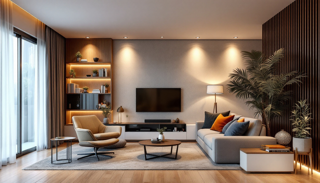 A photograph of a modern living space featuring recessed led lights