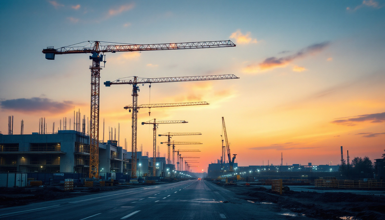 A photograph of a well-lit construction site at dusk