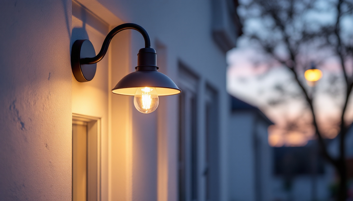 A photograph of a stylish gooseneck exterior light fixture installed on a charming building facade
