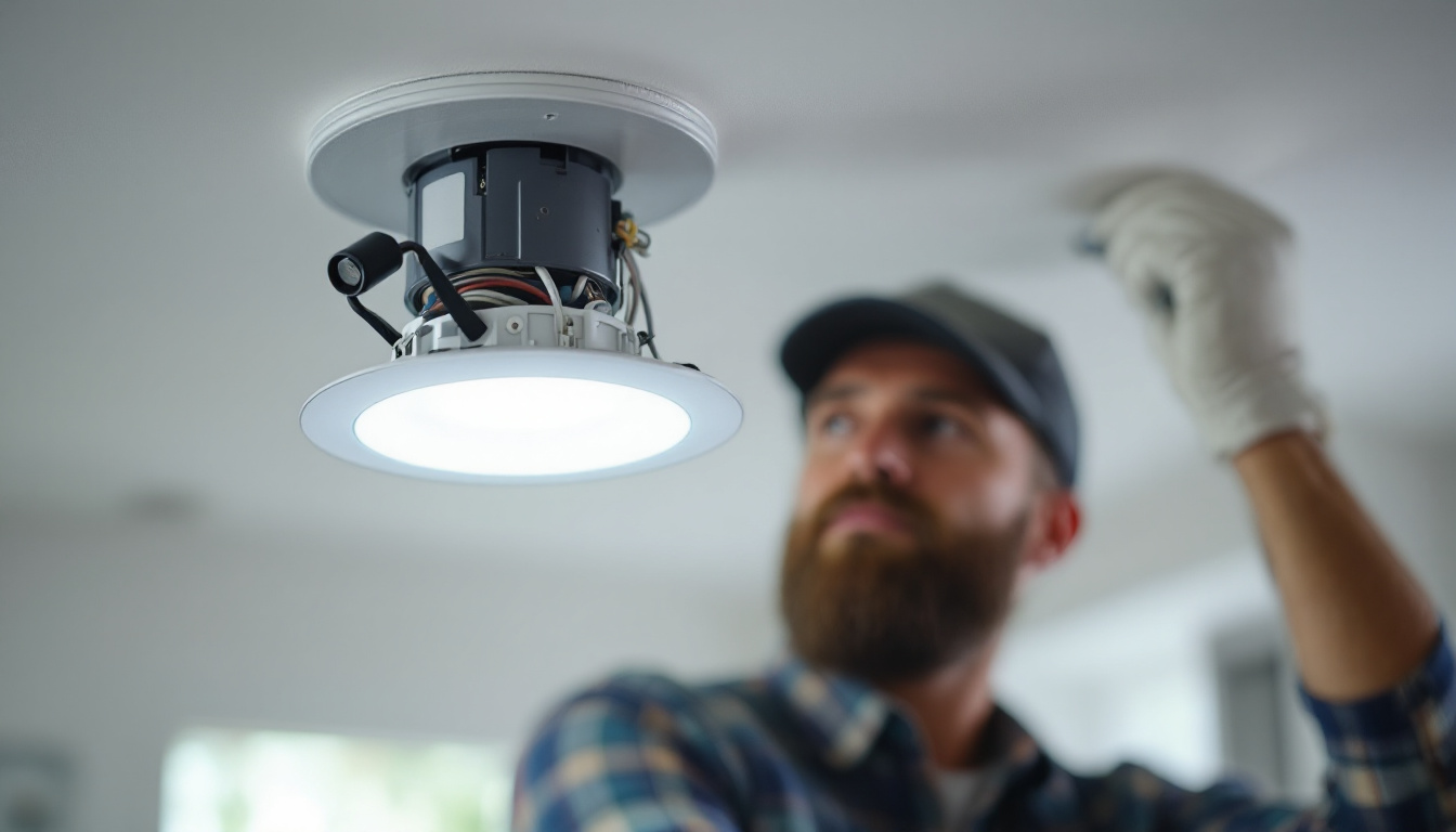 A photograph of a close-up shot of a pot light led conversion kit being installed in a ceiling