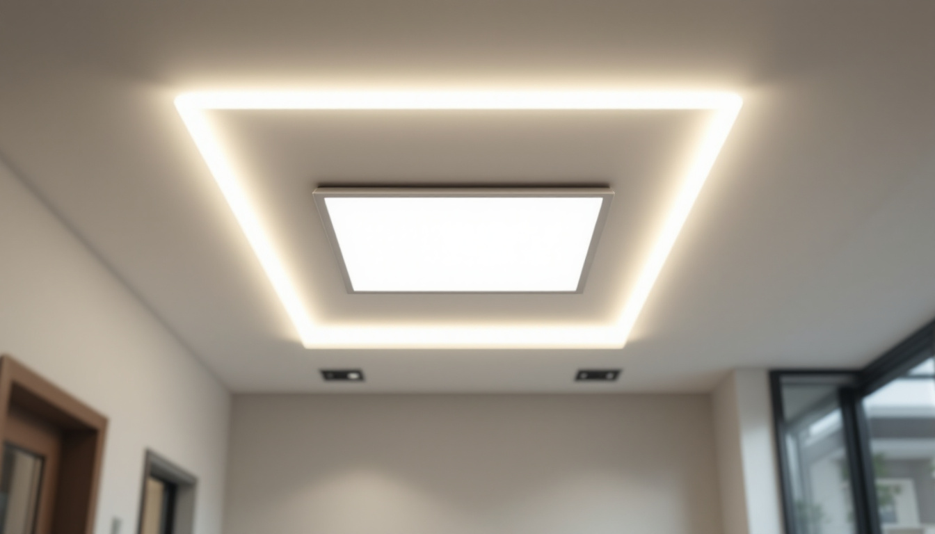 A photograph of a well-lit indoor space showcasing a 2x2 led flat panel light installed in the ceiling