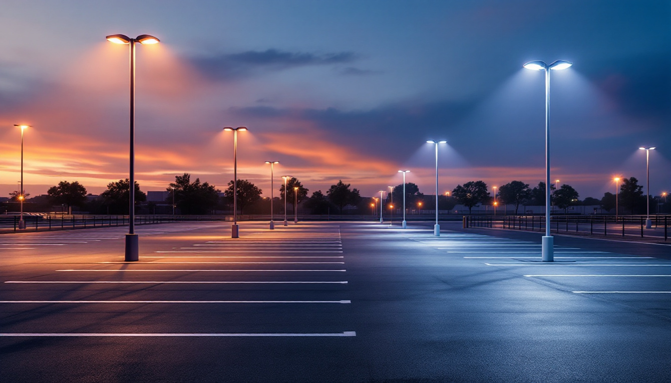 A photograph of a brightly lit parking lot at dusk