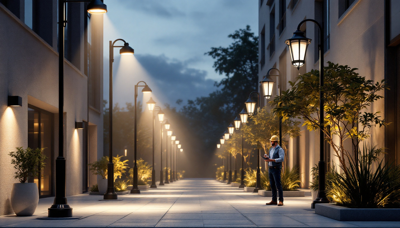 A photograph of a well-lit outdoor space showcasing various styles of light posts in use