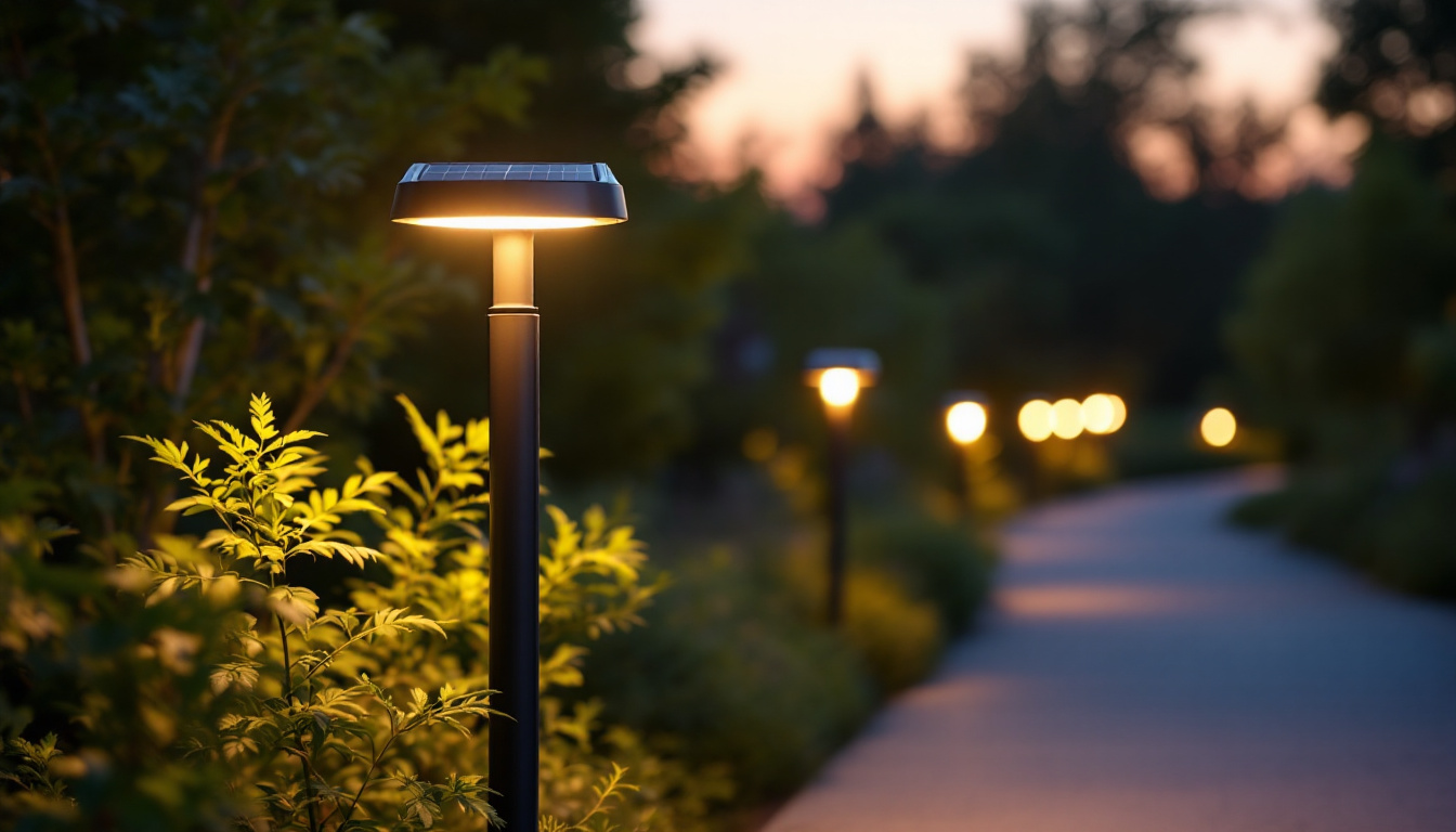 A photograph of a beautifully illuminated solar-powered led post light in an outdoor setting during twilight