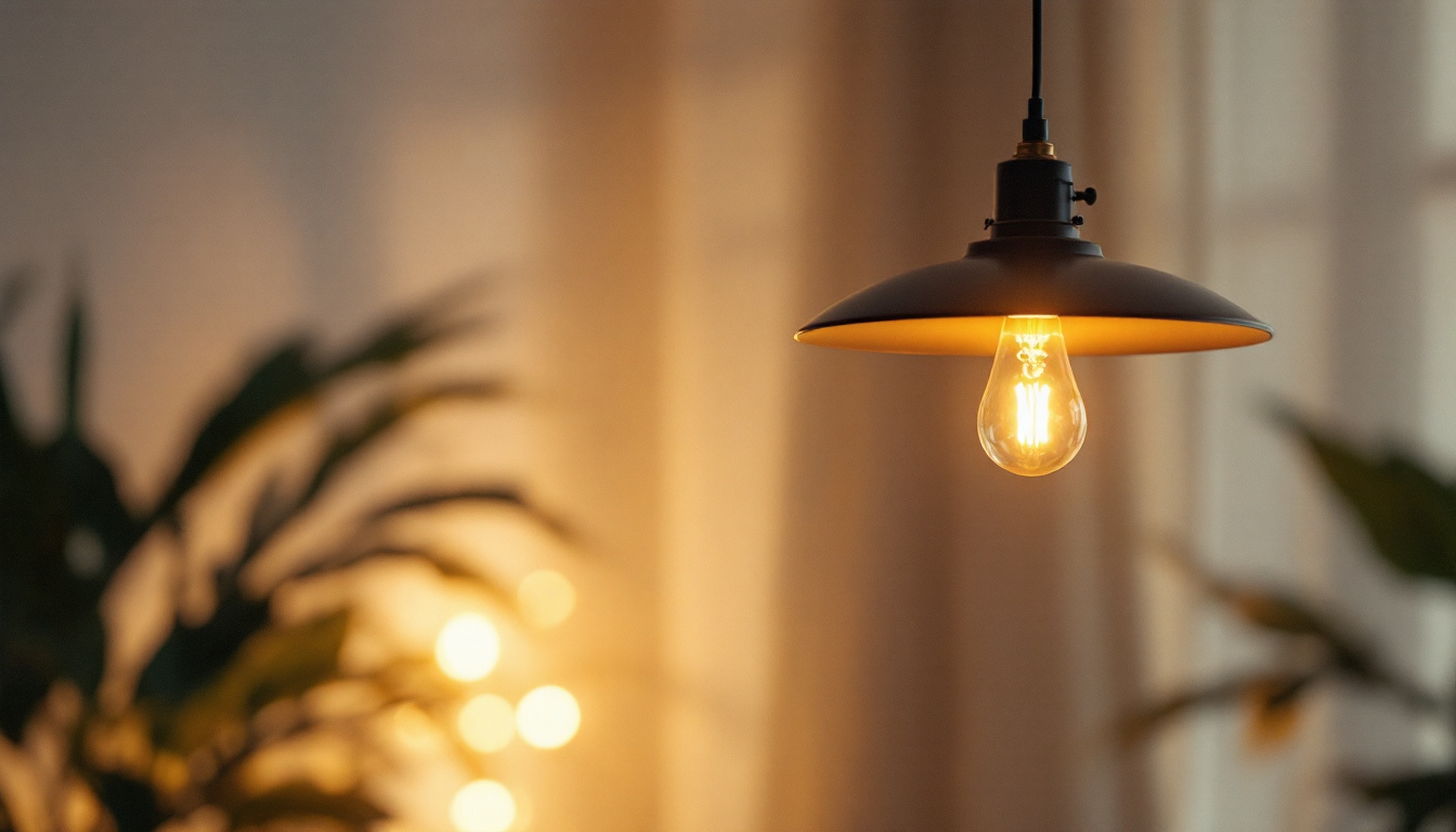 A photograph of a stylish pendant lamp in a well-lit interior setting