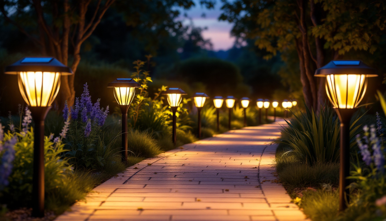 A photograph of a beautifully illuminated outdoor path lined with various styles of solar path lights