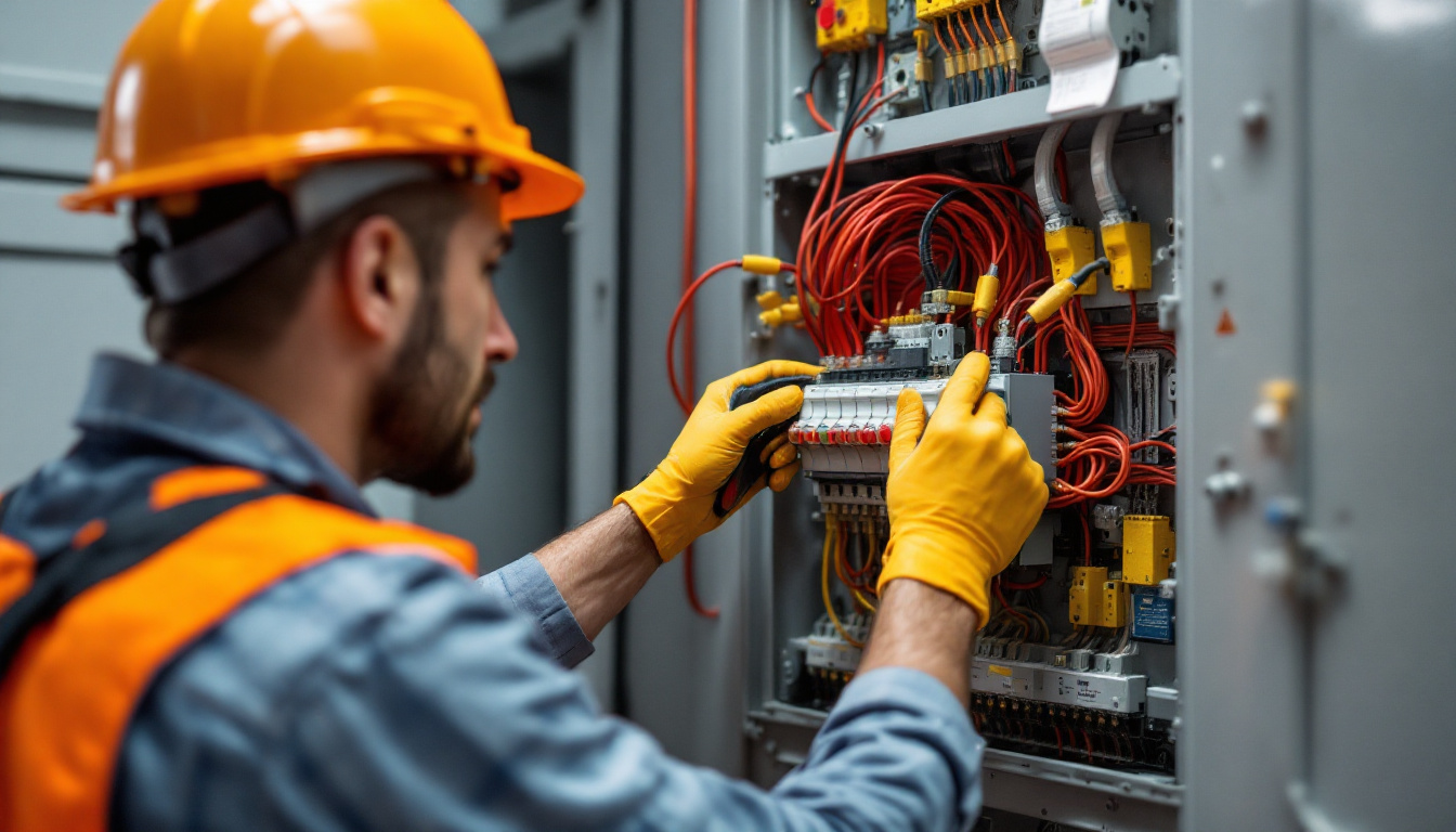 A photograph of a skilled electrical engineer installing a single pole switch in a modern electrical panel