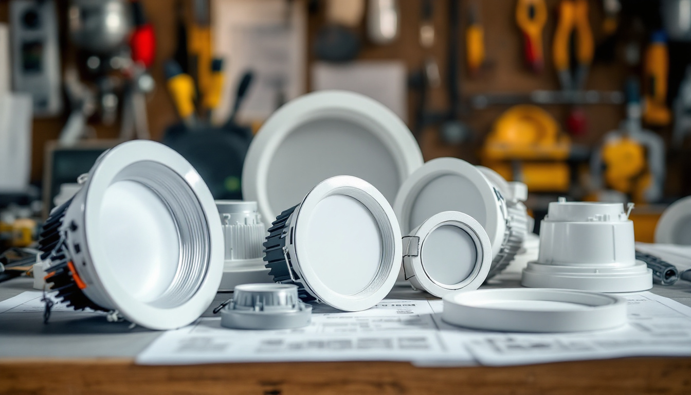 A photograph of a close-up shot of various recessed can lighting fixtures in different sizes and styles