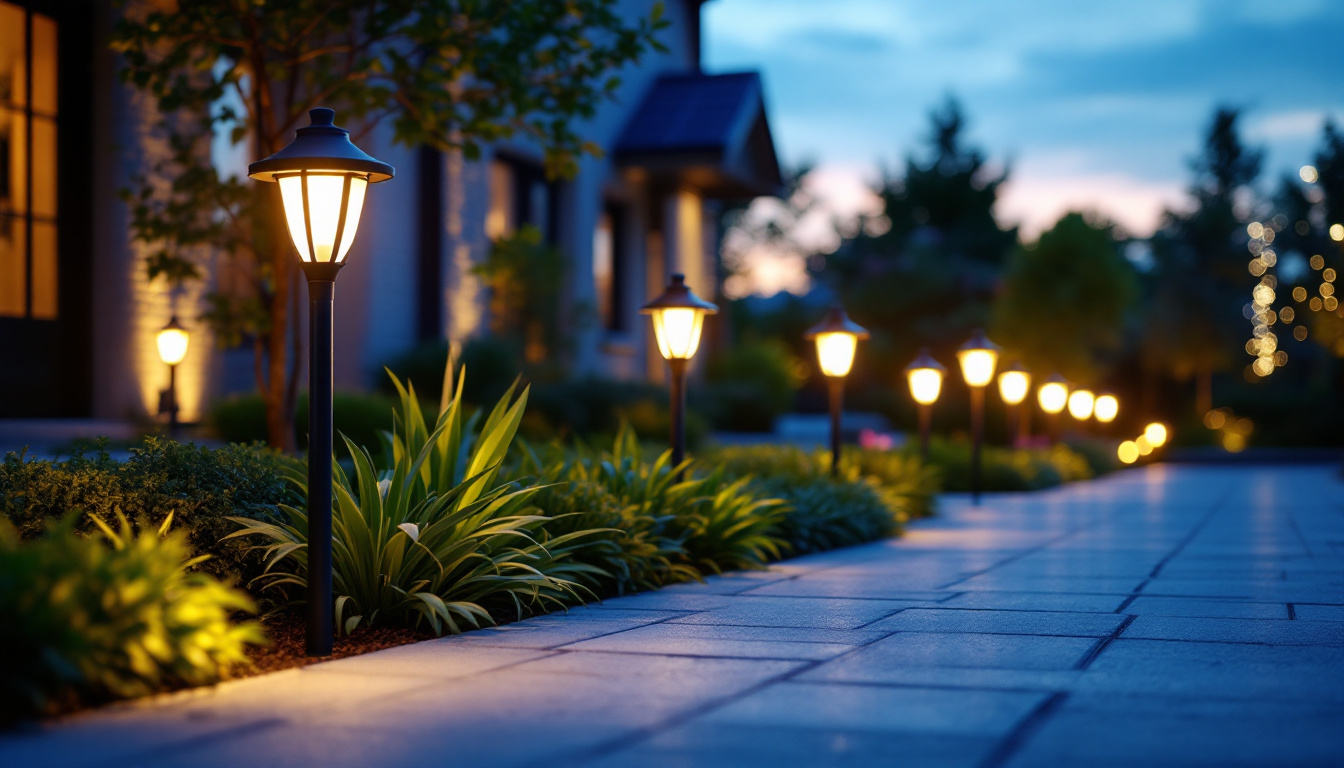 A photograph of a beautifully illuminated outdoor space featuring various styles of solar led lights