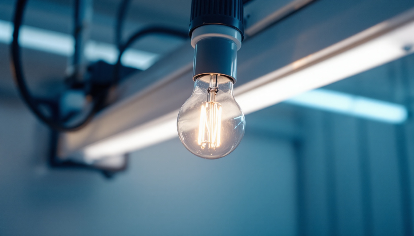 A photograph of a close-up shot of a fluorescent bulb and ballast setup