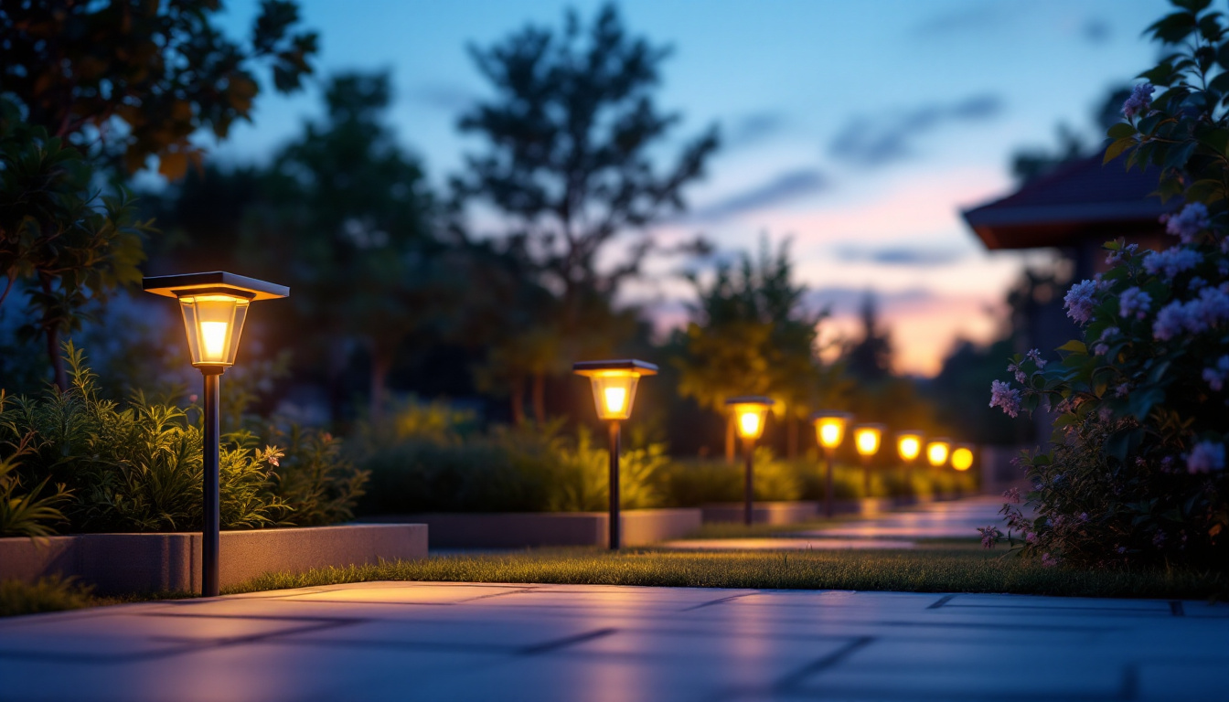 A photograph of a beautifully illuminated outdoor space featuring solar-powered night lights