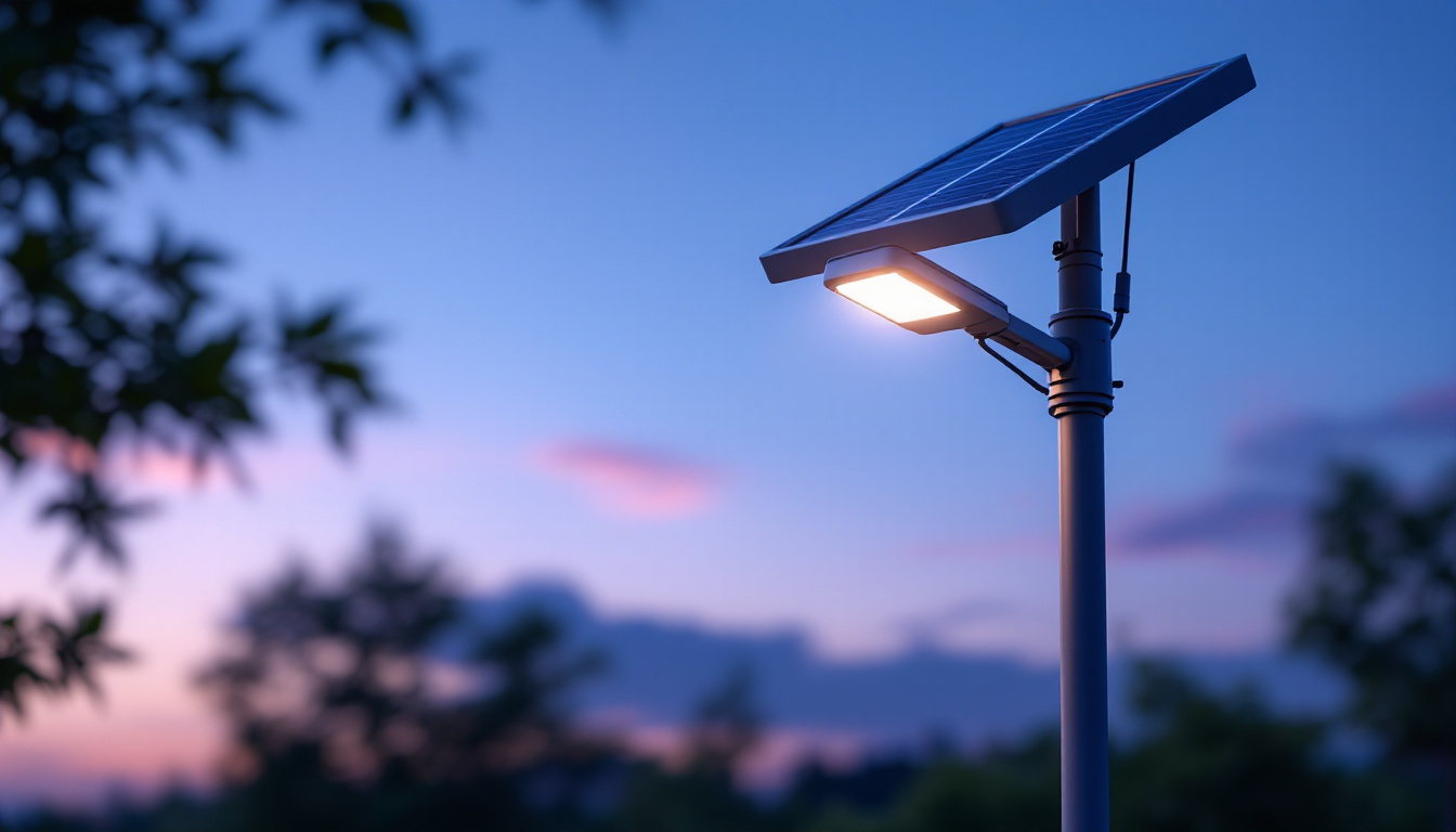 A photograph of a solar light mounted on a tall pole in an outdoor setting