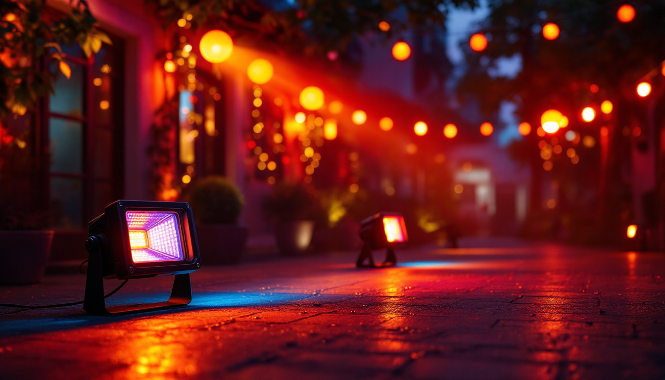 A photograph of a vibrant scene showcasing various colorful flood lights illuminating an outdoor space