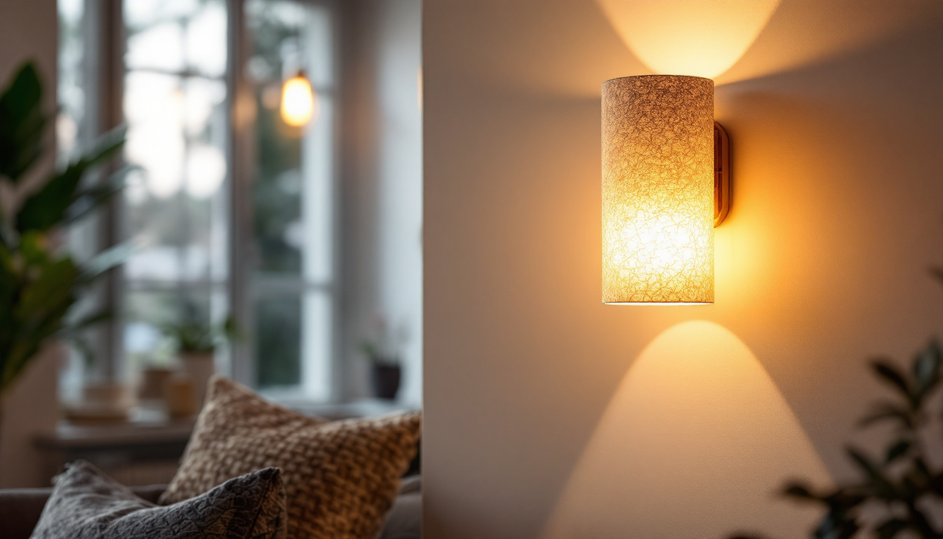 A photograph of capture a photograph of a stylish cylinder wall sconce illuminated in a cozy interior setting