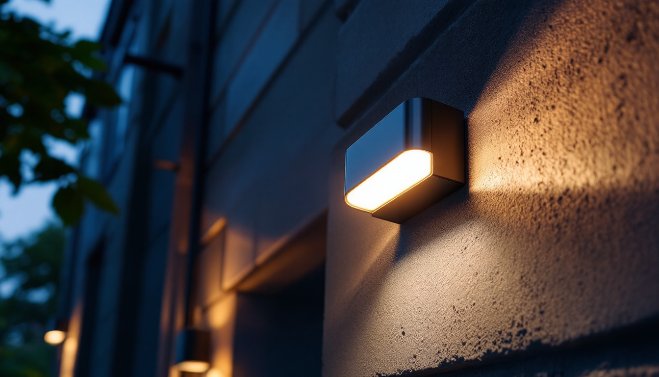 A photograph of a sleek wallpack light installed on a building exterior at dusk