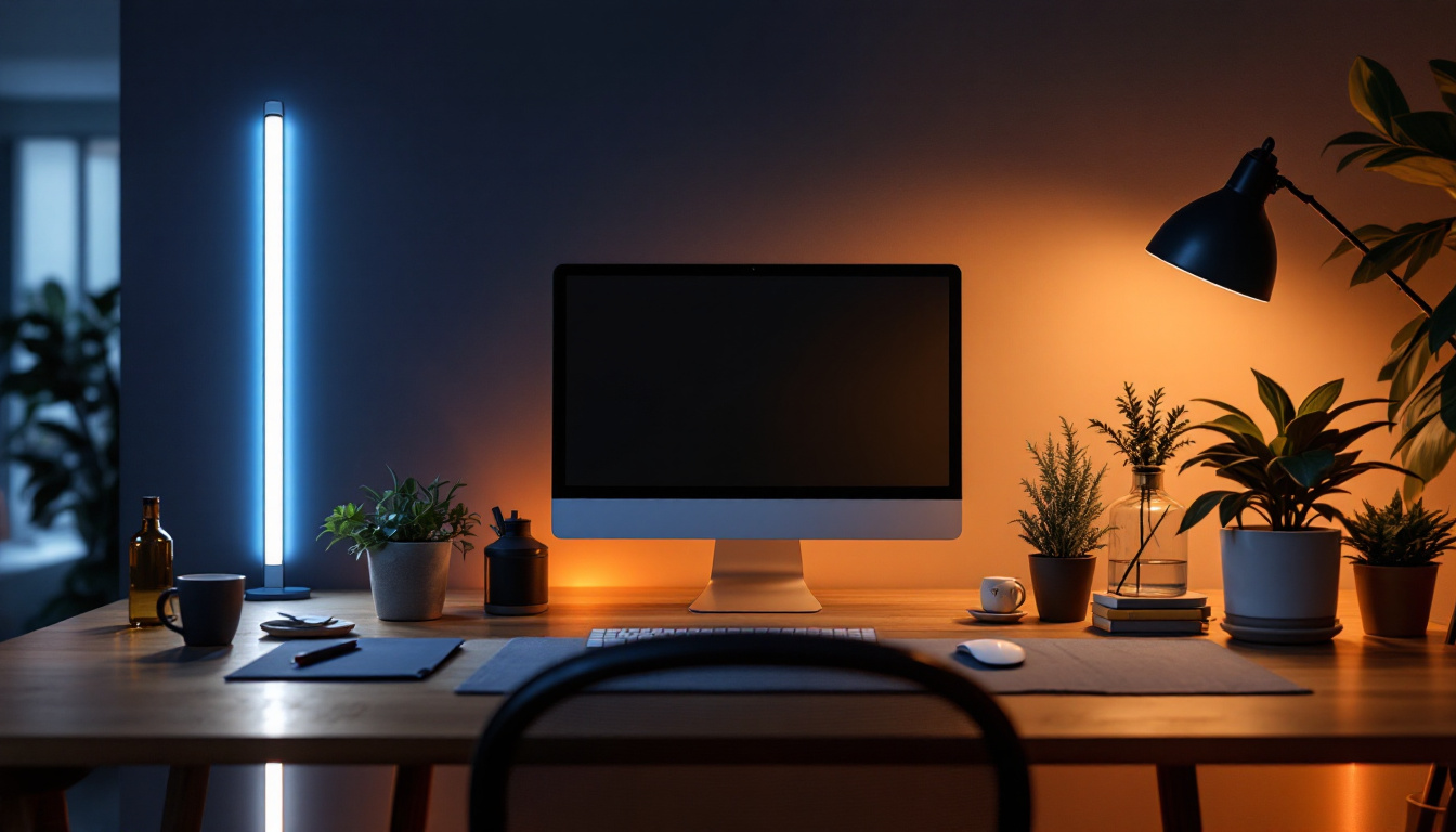 A photograph of a beautifully arranged scene featuring a 4 ft led strip light illuminating a modern workspace