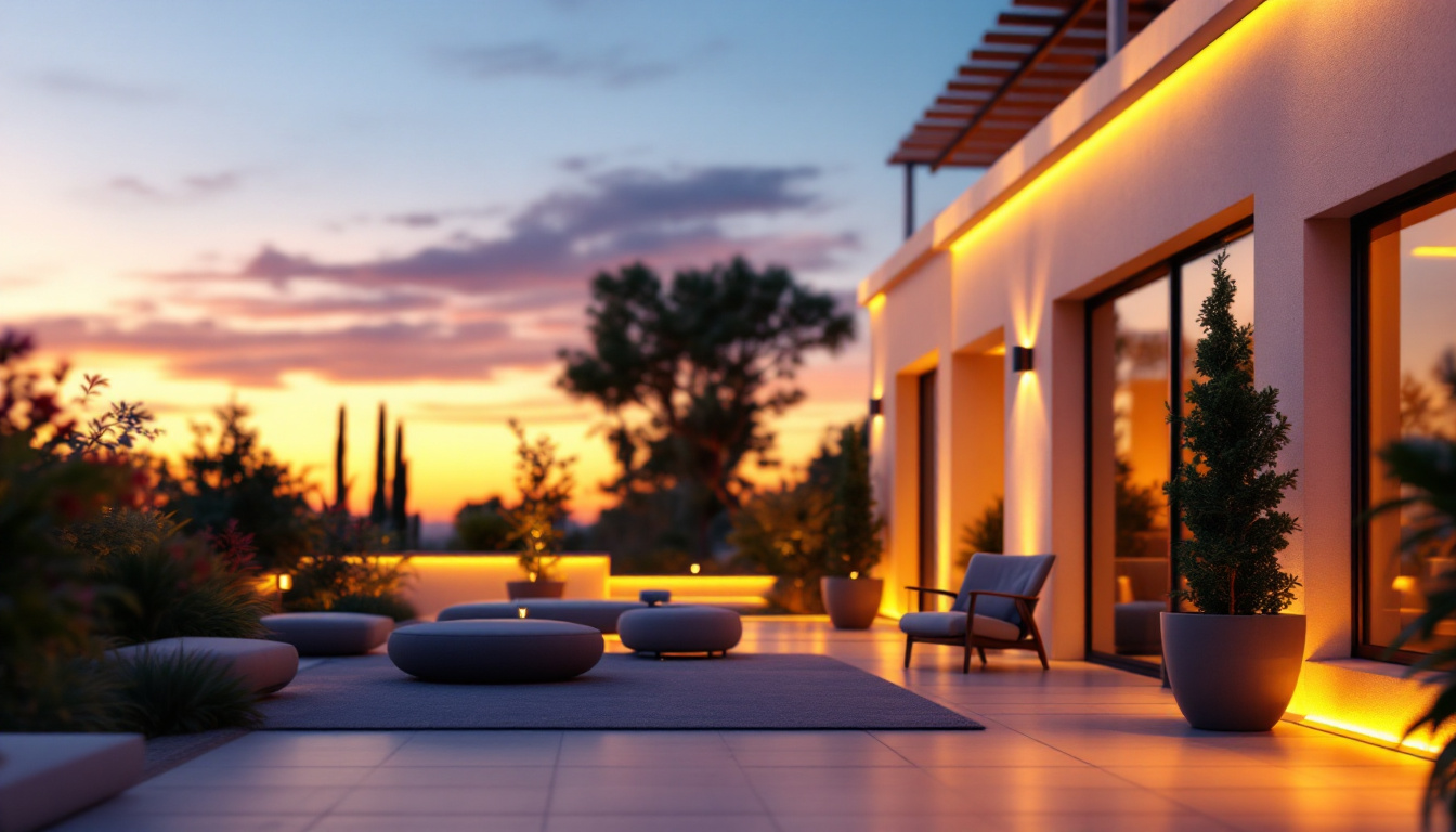 A photograph of a beautifully designed patio at dusk