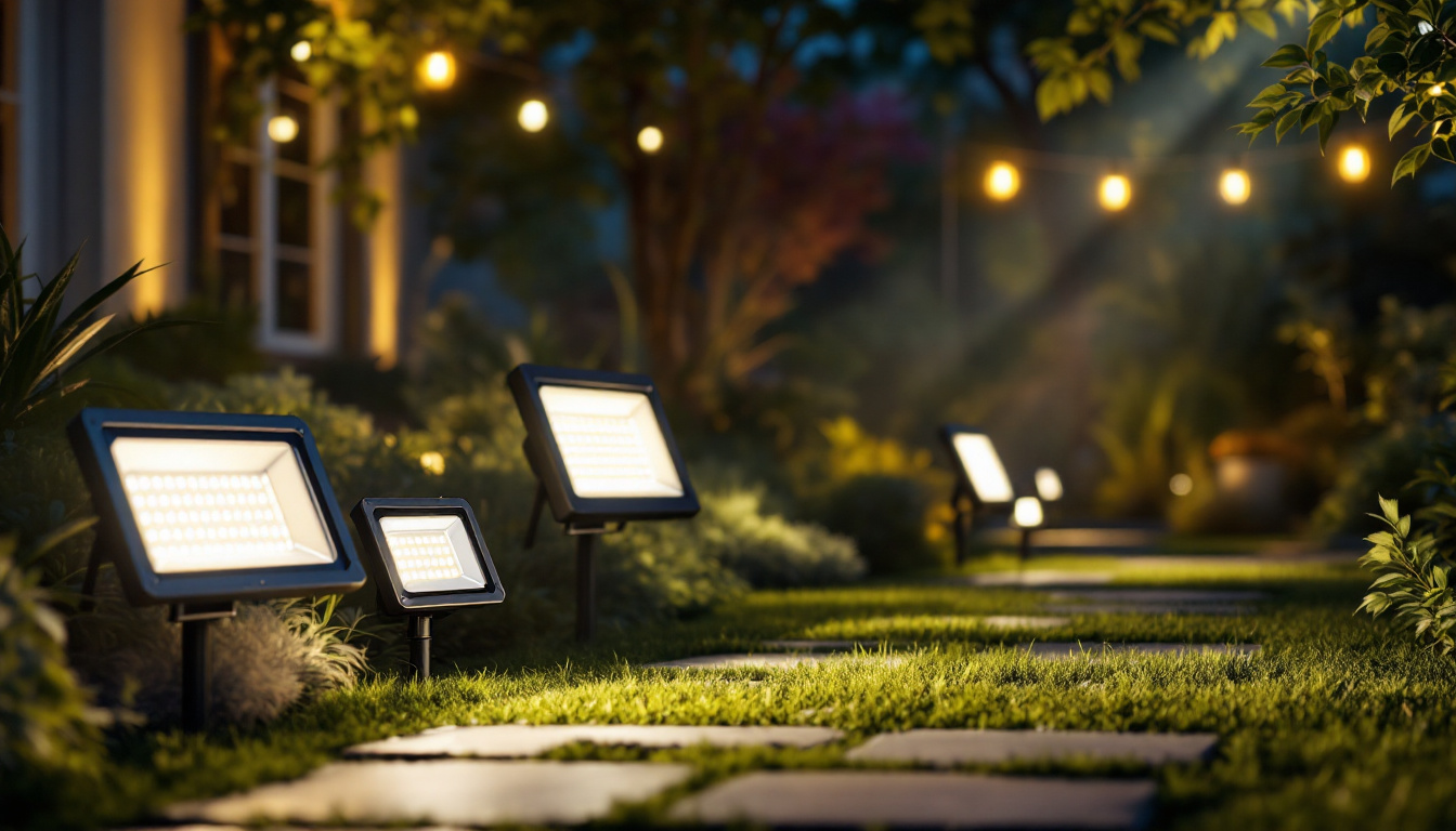 A photograph of a well-lit outdoor space showcasing various models of led solar flood lights in use