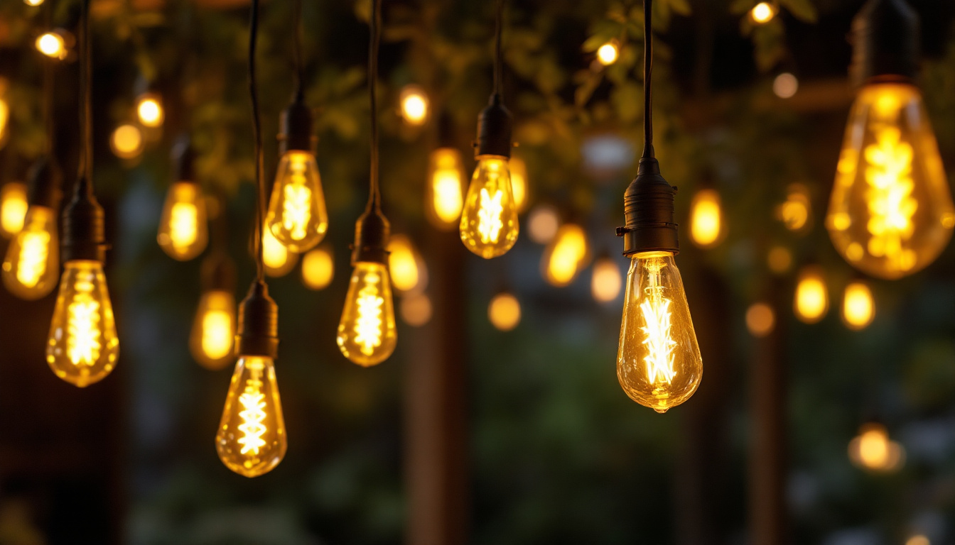 A photograph of a beautifully arranged setup of industrial string lights in an outdoor or indoor setting