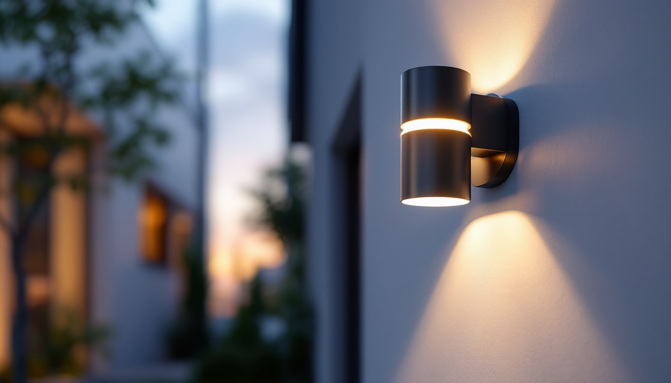 A photograph of a stylish exterior wall mount light fixture installed on a modern architectural facade